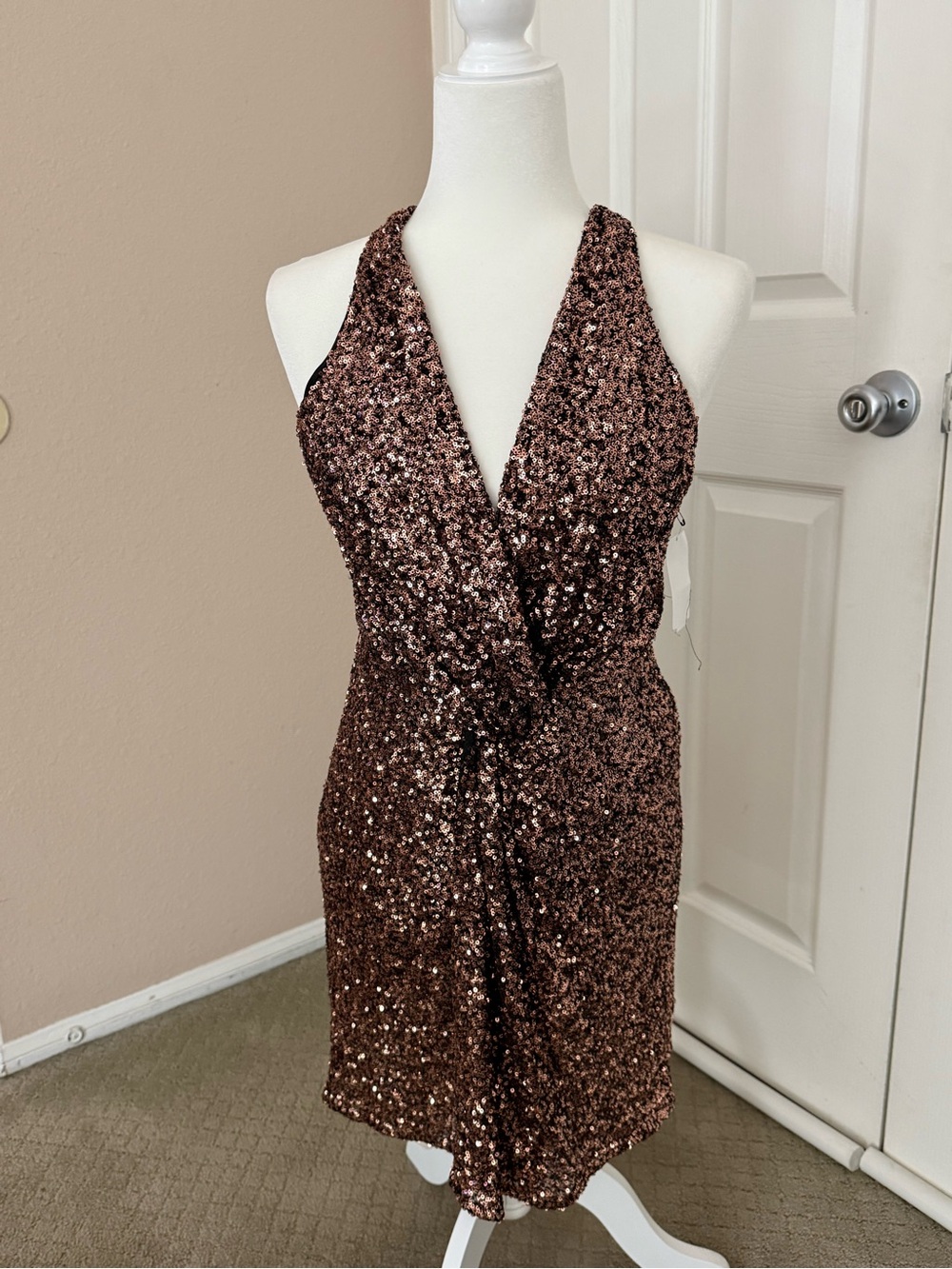 Astr brand Sequined Halter V-Neck Party Dress in Brown